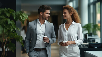 Two diverse professional colleagues walking and talking at office.