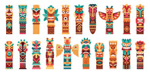 Ethnic Tiki Totems. Cartoon Ritual Hawaiian And African Wooden Statues, Traditional Carving Sculptures, Aboriginal Culture Indigenous Pole Totem Flat Vector Illustration Set. Native Tiki Figures