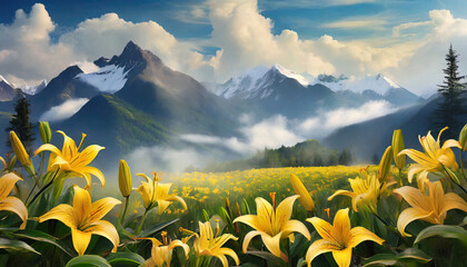 Canvas Print - blooming yellow lilies in a field with clouds lillies in mountains behind mountains under clouds wallpaper background illustration ai generative