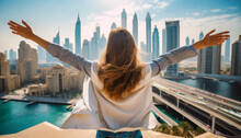 From Behind You Can See The Traveler Girl Arms Spread Wide As She Take In The Incredible View Of The And The Dubai Skyline
