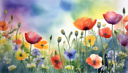 Wall Mural - watercolor wild flowers in the field gradient rainbow poppies