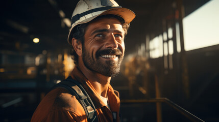 Poster - Arab worker with a grin in a bridge on the top of at oil rig platform offshore.
