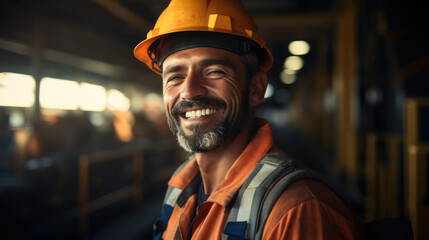 Poster - Arab worker with a grin in a bridge on the top of at oil rig platform offshore.