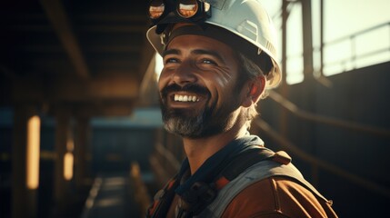 Poster - Arab worker with a grin in a bridge on the top of at oil rig platform offshore.
