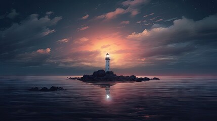 Poster -  a lighthouse sitting on top of a small island in the middle of a body of water under a cloudy sky.  generative ai