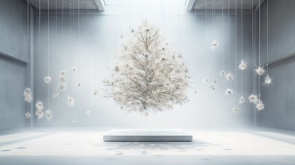 Sticker -  a white room with a tree in the middle of the room and white flowers hanging from the ceiling in the middle of the room.  generative ai