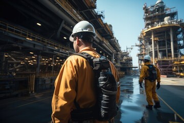 Poster - Natural gas workers in safety gear working on oil rig platform offshore.