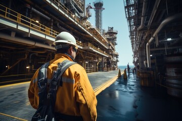 Poster - Natural gas workers in safety gear working on oil rig platform offshore.