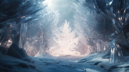 Wall Mural -  a snow covered forest with lots of trees and snow on the ground and a light at the end of the tunnel.  generative ai