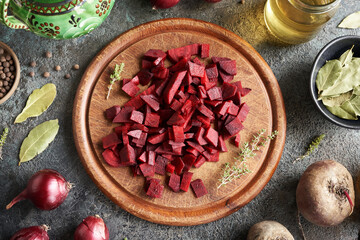 Wall Mural - Sliced beetroot with onions and spices - preparation of fermented kvass