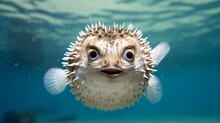 The Porcupine Fish Smiles At The Camera Underwater With Big Eyes. Generative Ai