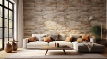 Corner Sofa Against Window In Room With Stone Cladding Walls Farmhouse Style Interior Design Of Modern Living Room Created With