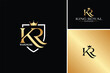 Golden Initial Letter KR Luxury Monogram with Queen King Prince Pincess Crown and Shield for Royal Jewelry Jewellery Premium Brand Logo Design