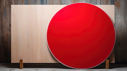 Wall Mural - red wooden circle, tray, cutting board on a gray background. Wooden stand. Advertising layout concept.