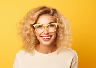 Wall Mural - Portrait of cute lovely beautiful girl in casual outfit with modern hairdo and looking at camera isolated on colorful background