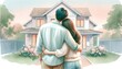 Couple from behind looking at newly renovated home, embracing, soft watercolor, tender moment.
