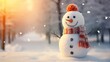 A cute snowman is standing outside on a frosty morning. Red hat and scarf. New Year card concept