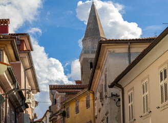 Wall Mural - Streets of the old town of Koper with the Cathedral of the Assumption bell tower in the background, Istrian region of southwest Slovenia