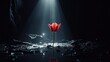  a red flower sitting in the middle of a puddle of water with a bright beam of light coming from behind it.  generative ai
