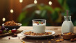 Lifestyle product shot of muesli with milk healthy breakfast on wooden table. Play light and shadow