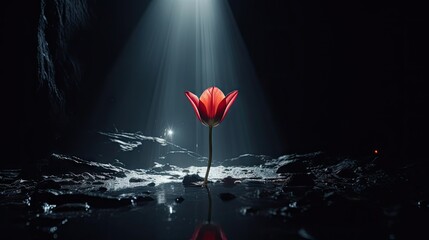 Wall Mural -  a red flower sitting in the middle of a puddle of water with a bright beam of light coming from behind it.  generative ai