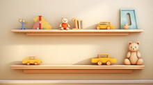 Wooden Shelf With Baby Clothes, Toys And Accessories In Room. Generative Ai