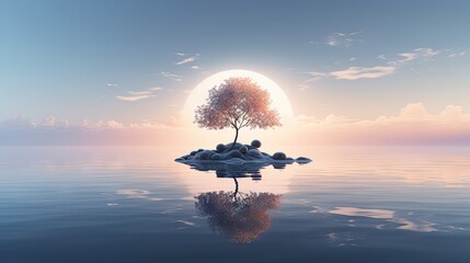 Wall Mural - a lone tree on a small island in the middle of a body of water with a sunset in the background. gene