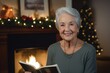 An elderly woman in front of a cozy fireplace, holding a cherished family photo album, representing the nostalgia and sentimentality of the holiday season.