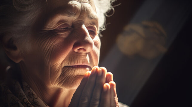 lifestyle closeup shot of grandma prays, closed eyes, folded hands under the light from the window p
