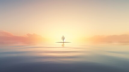 Poster -  a lone tree stands in the middle of the ocean as the sun sets over the horizon of the horizon of the ocean.  generative ai