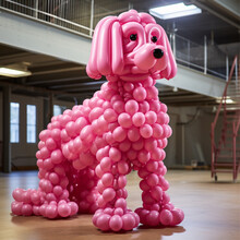 A Bright Pink Dog Made Of Just Balloons. 