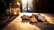 Lifestyle Holiday Shot Of Gingerbread, Decorated With Glaze And Candles On Wooden Table. Play Of Light And Shadow