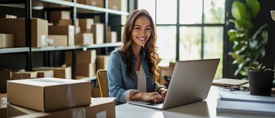 Smiling female ebay seller, boxes and packing tape all around her, working on her laptop, smiling. Woman taking receive and checking online purchase shopping order to preparing pack product box