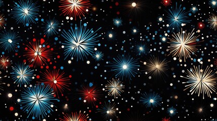 Poster -  a black background with red, white, and blue fireworks and confetti sprinkles on it.  generative ai