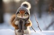 Niedliches Eichhörnchen mit Pudelmütze und Schal im Schnee hat den Winterschlaf verpasst. Hörnchen als Mensch mit Strickmütze und Strickschal warm eingepackt draußen in der Kälte.