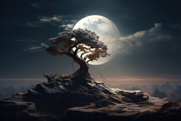 a bonsai tree under a full moon on a starry night.