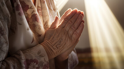 Lifestyle closeup shot of grandma prays with folded hands under the sun light. Play of light and shadow