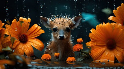 Sticker -  a picture of a baby deer surrounded by flowers and raindrops on a dark background with drops of water on its face.  generative ai