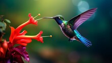 Blue Hummingbird Violet Sabrewing Flying Next To Beautiful Red Flower. Tinny Bird Fly In Jungle. Wildlife In Tropic Costa Rica. Two Bird Sucking Nectar From Bloom In The Forest. Bird Behaviour Photogr