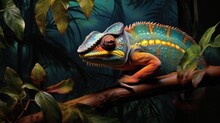  A Painting Of A Chamelon Sitting On A Branch In Front Of A Forest Of Green Plants And Leaves.  Generative Ai