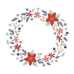 Wall Mural - Christmas floral frame, wreath made of poinsettia. Red flower, holly berries, fir tree branches. Hand drawn vector illustration background. Isolated round element for greeting card, invitation. Banner