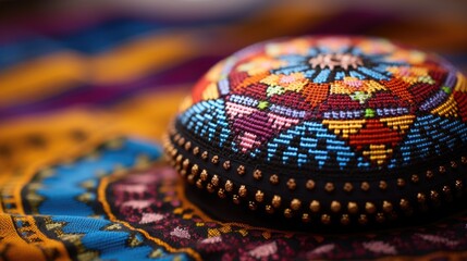 Canvas Print - A colorful beaded ball sitting on a colorful cloth, AI