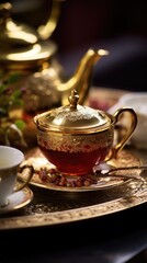 Canvas Print - A gold tea pot and cups on a table, AI