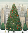 Christmas tree with ornaments at the city, illustration style