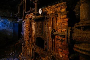 Sticker - Old rusty stove in abandoned boiler room