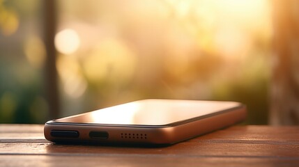 Canvas Print - A cellphone sitting on a wooden table with a sun shining in the background, AI