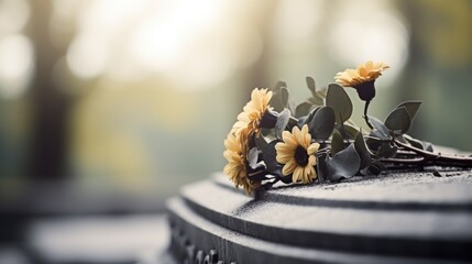 Poster - A flower is placed on top of a tombstone, AI