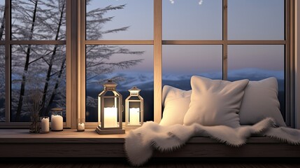 a lantern and pillows arranged on a windowsill with a winter view in a modern minimalist style home, the warmth and comfort of the interior against the cold winter landscape outside.