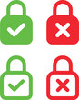 Icon set about locker, safe, locked, open positions, secure, security. Green and red colors. Thin line icons, flat vector illustrations. Isolated on white, transparent background