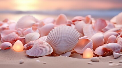 Canvas Print - Sea shells and candles on the beach at sunset, AI